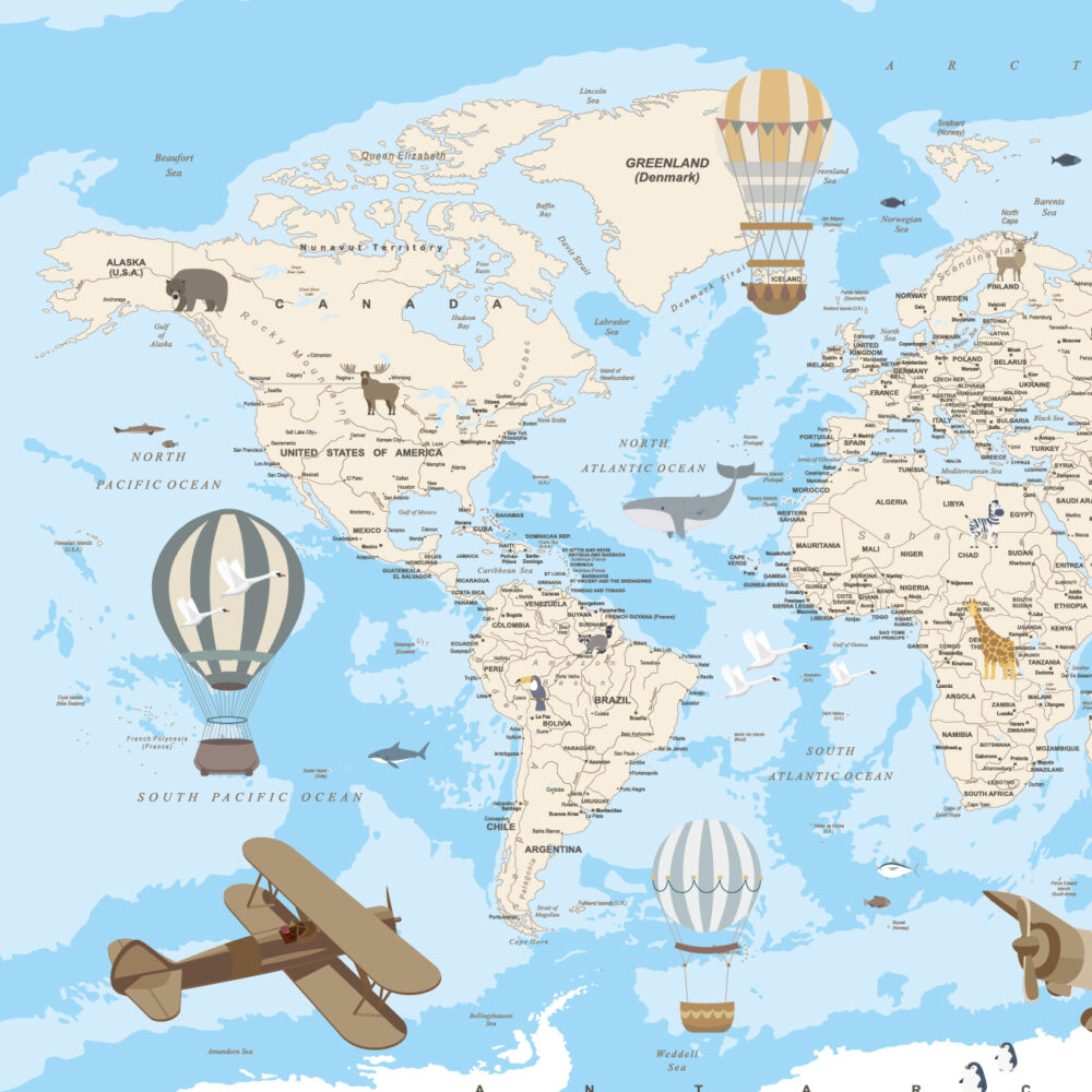 Carte avec des ballons et des avions bleus