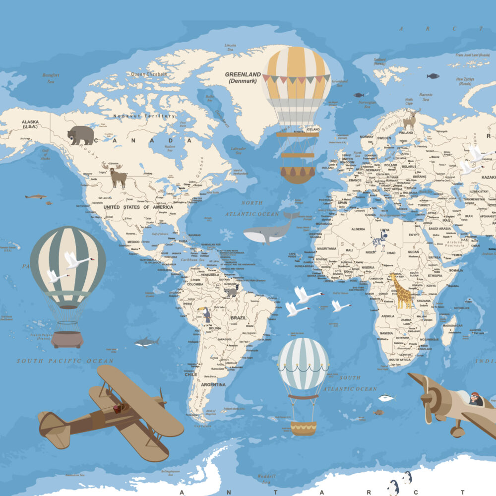 Carte avec des ballons et des avions bleus