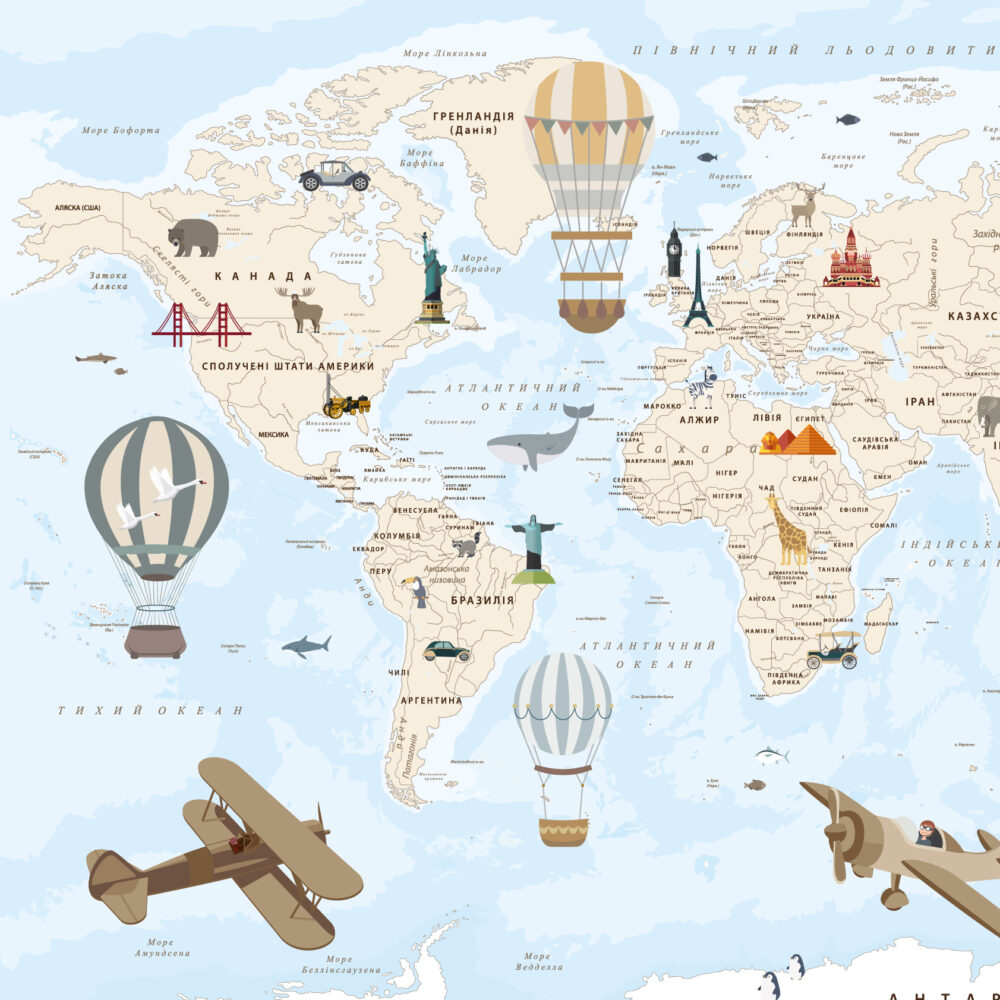 Une carte avec des ballons et des avions