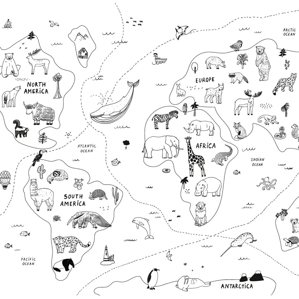 Carte en noir et blanc avec des dessins d'animaux