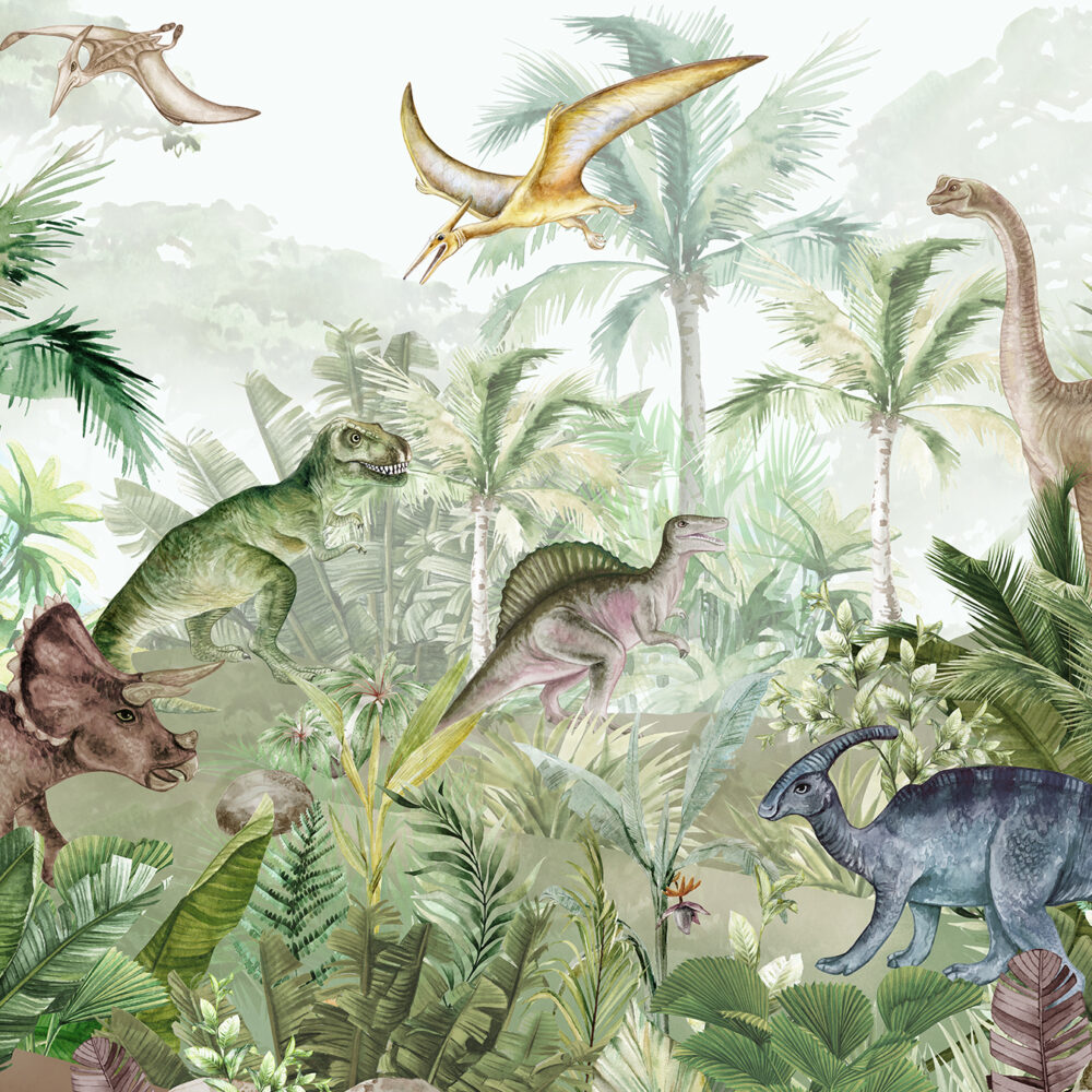 Des dinosaures dans une jungle verte