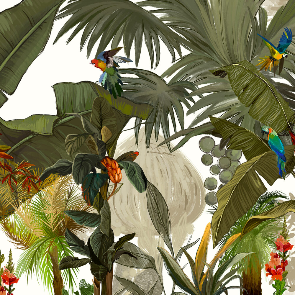 Jungle verte avec perroquets