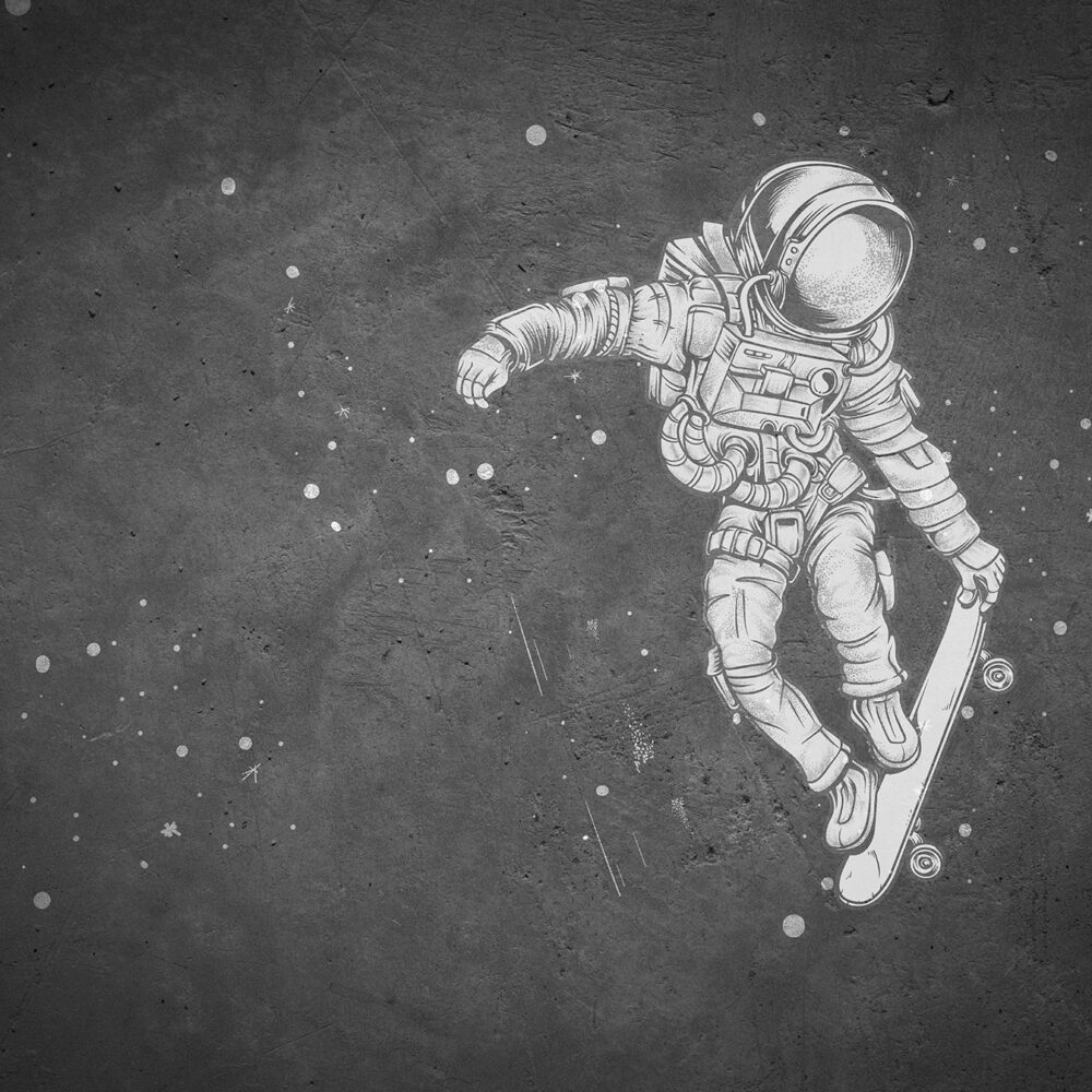 Un astronaute sur un skateboard