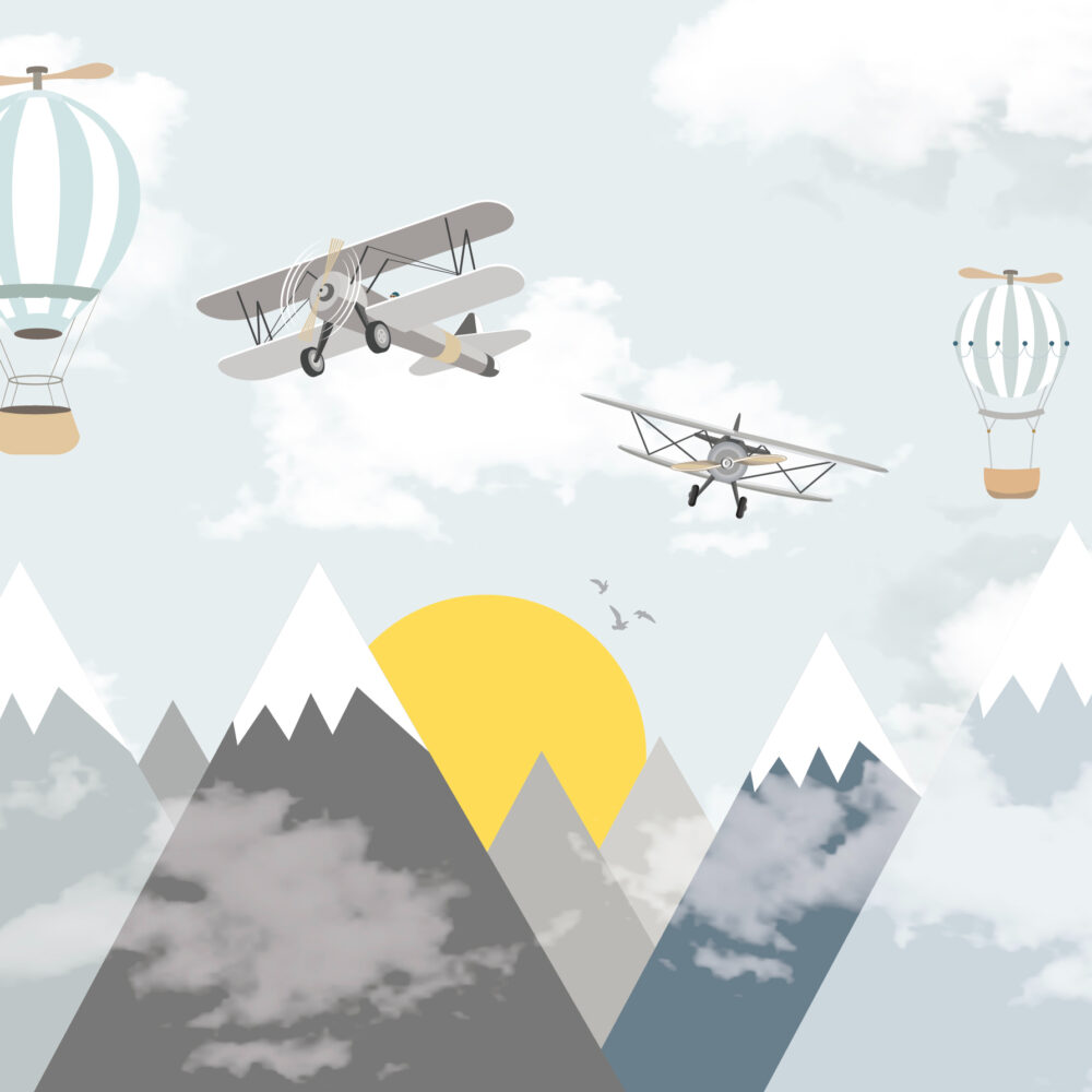 Montagnes avec soleil et avions