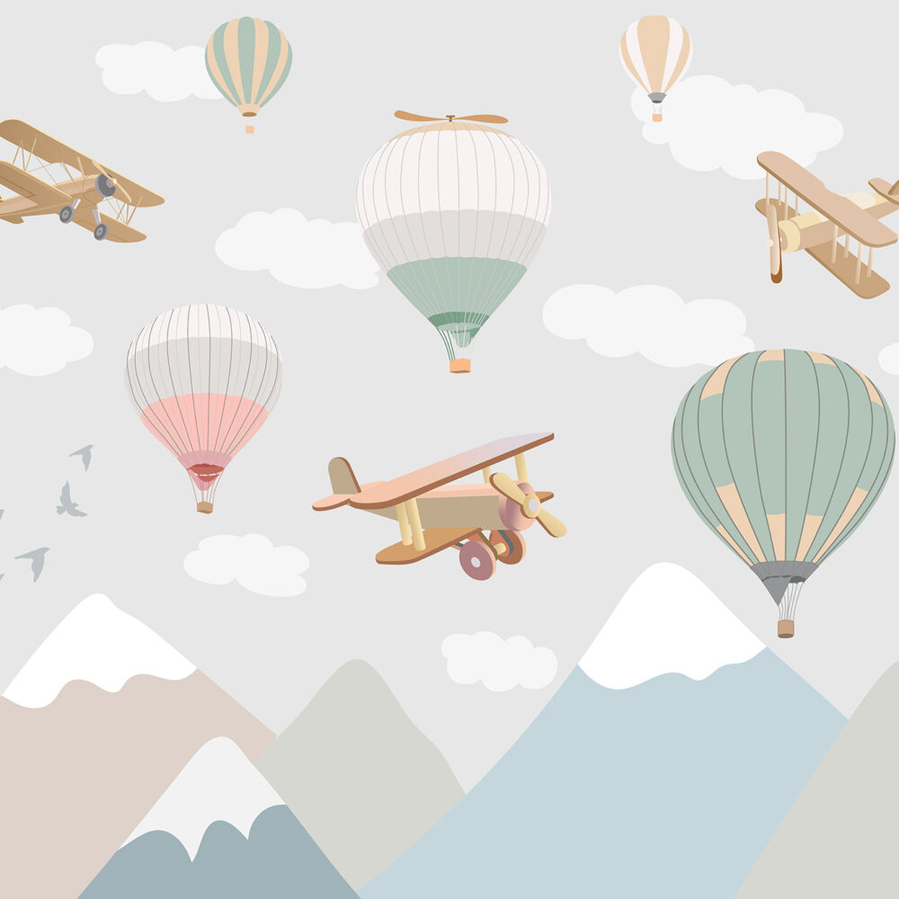 Montagnes avec avions et montgolfières