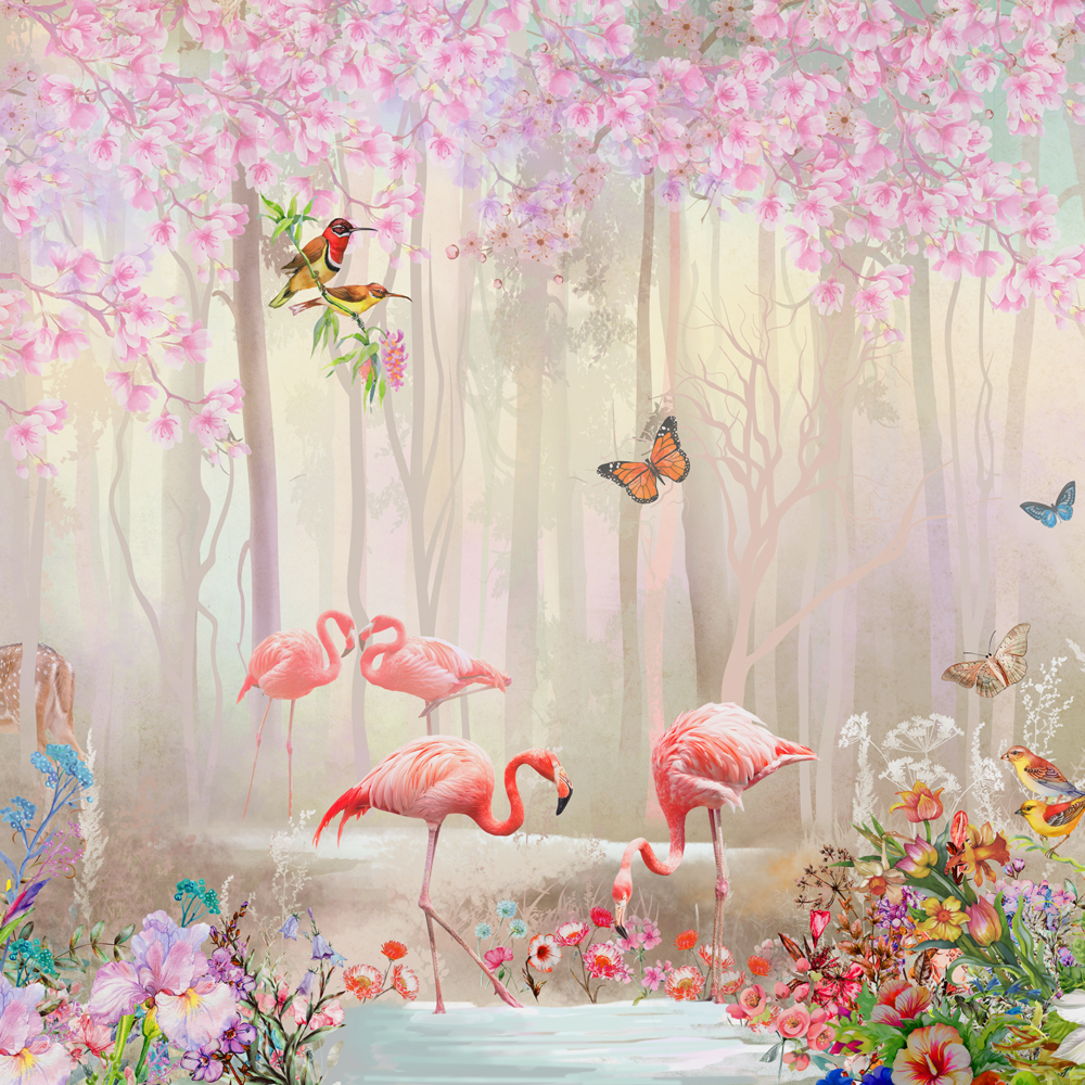 Flamants roses dans la forêt