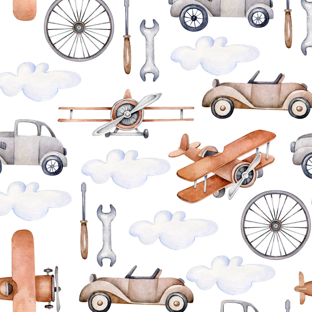 Dessin avec des voitures et des avions rétro